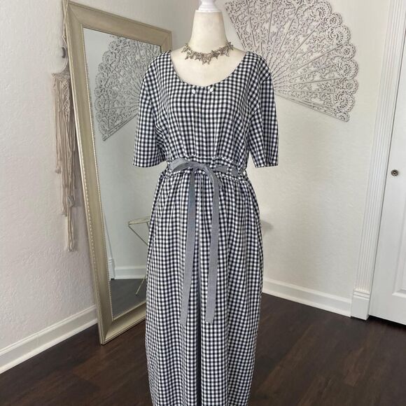 Vintage Made in USA Blue White Gingham Milkmaid Cottage Core Apron Midi Dress L - Picture 5 of 8